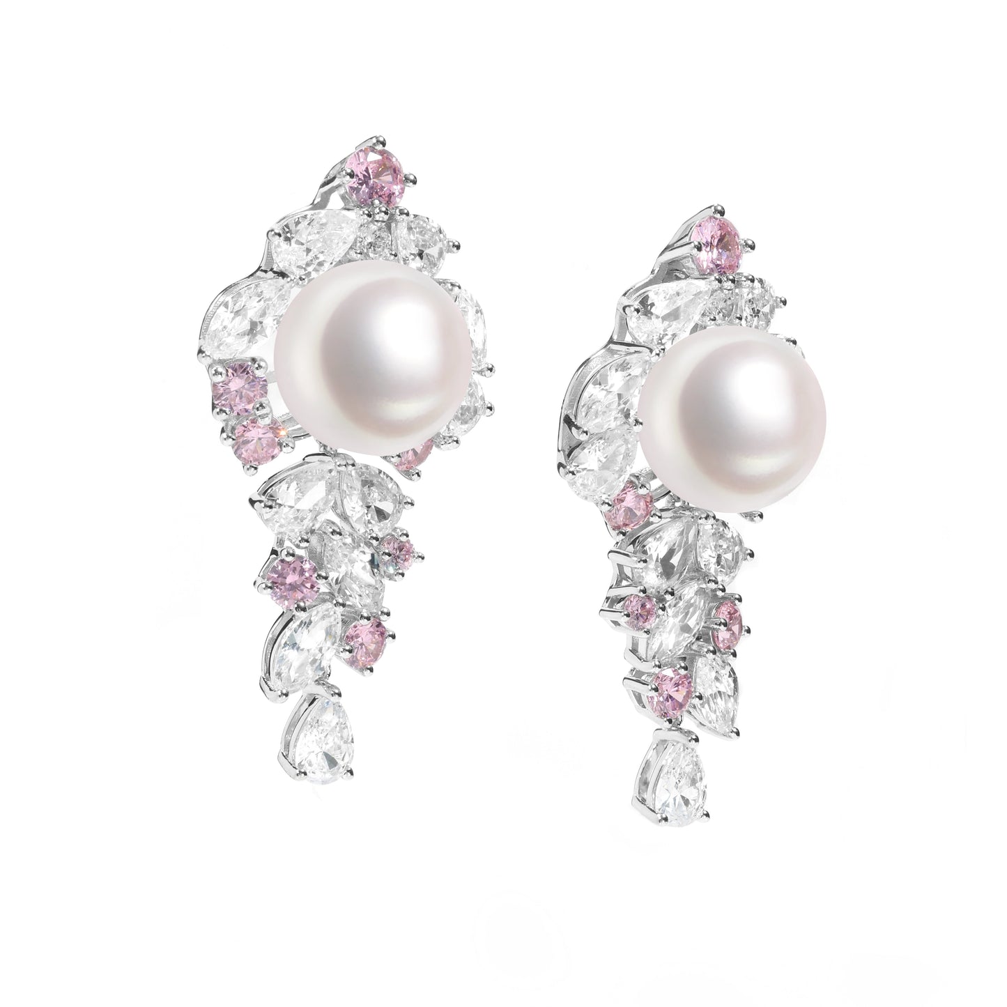 Wedding collection: Artistic Radiant Fusion Earrings Featuring Pink Diamond, Clear Diamond color Lab created stones Exquisite and Unique earrings, with Lustrous high quality Shell Pearls. sterling silver