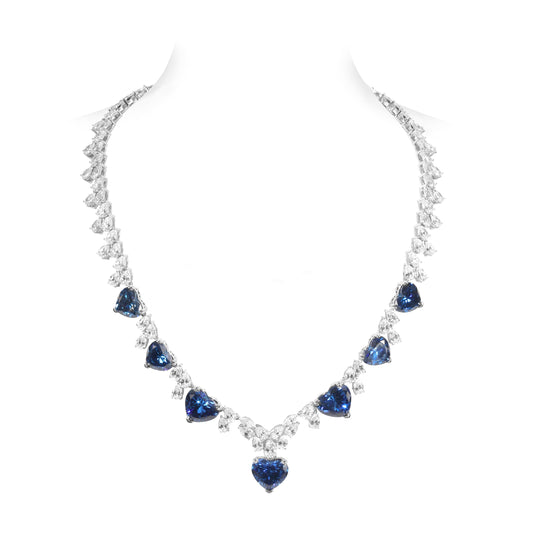 Exquisite Sapphire color lab created stones The hearts of the ocean Collar tennis necklace, sterling silver