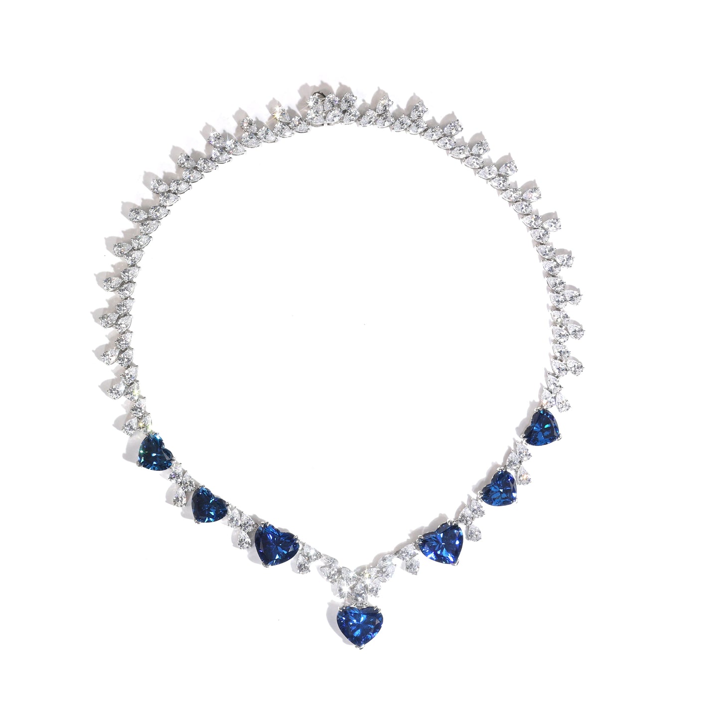 Exquisite Sapphire color lab created stones The hearts of the ocean Collar tennis necklace, sterling silver