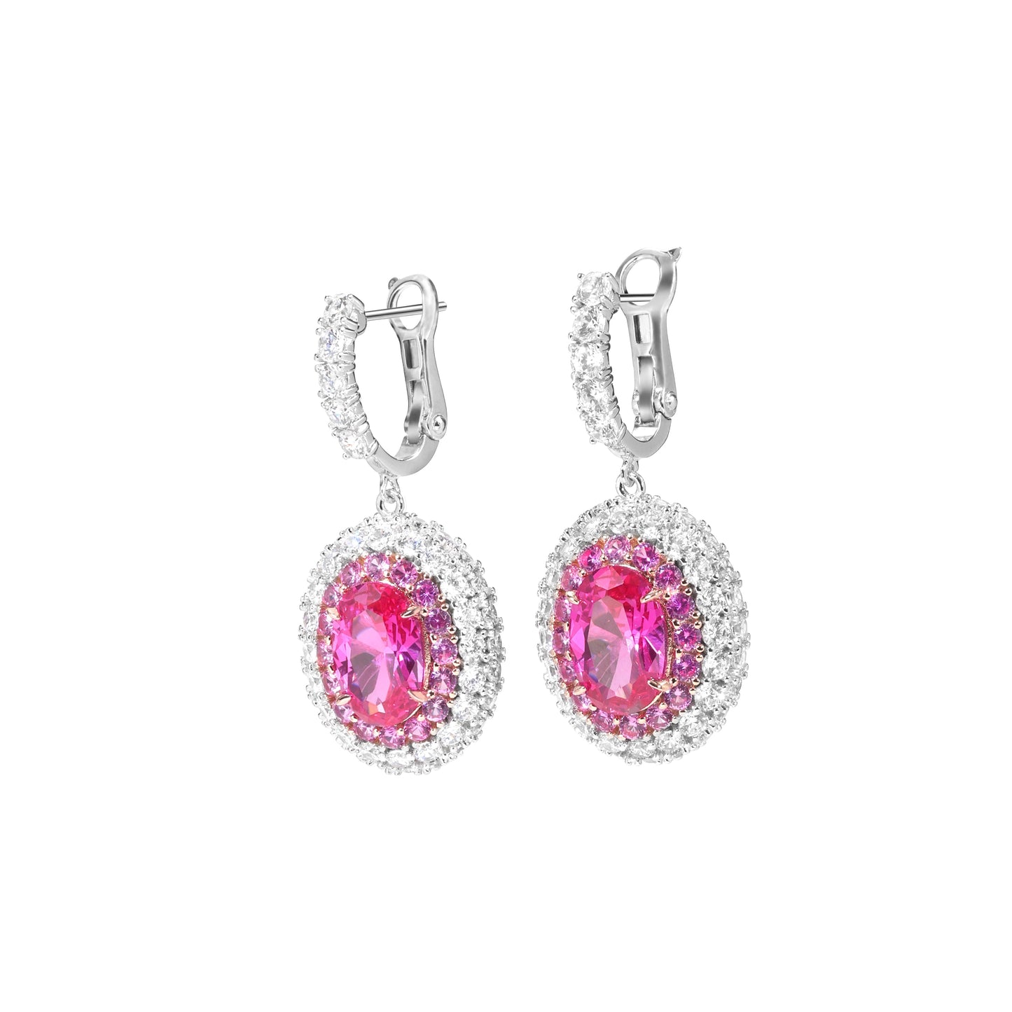 Micro-setting dark oval Pink diamond color Lab created stones Romantic Luxury dangle plug earrings, sterling silver