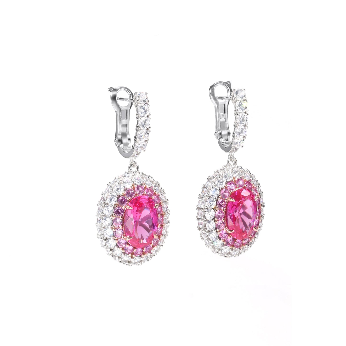 Micro-setting dark oval Pink diamond color Lab created stones Romantic Luxury dangle plug earrings, sterling silver