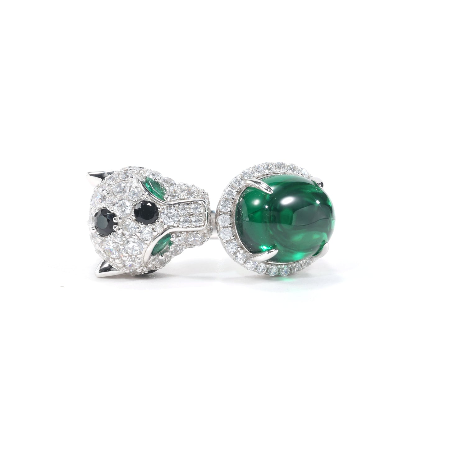 Jaguar selection, featuring stunning artificial emerald and Diamonds color Lab created stones open ring. sterling silver