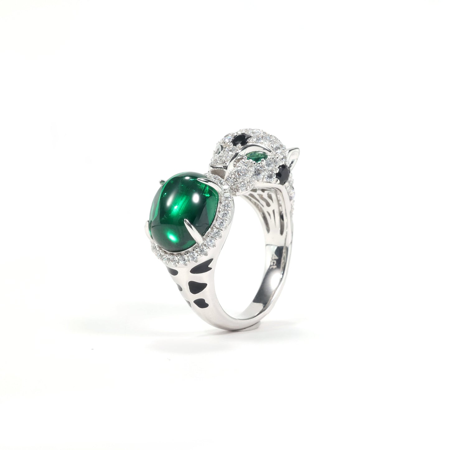 Jaguar selection, featuring stunning artificial emerald and Diamonds color Lab created stones open ring. sterling silver