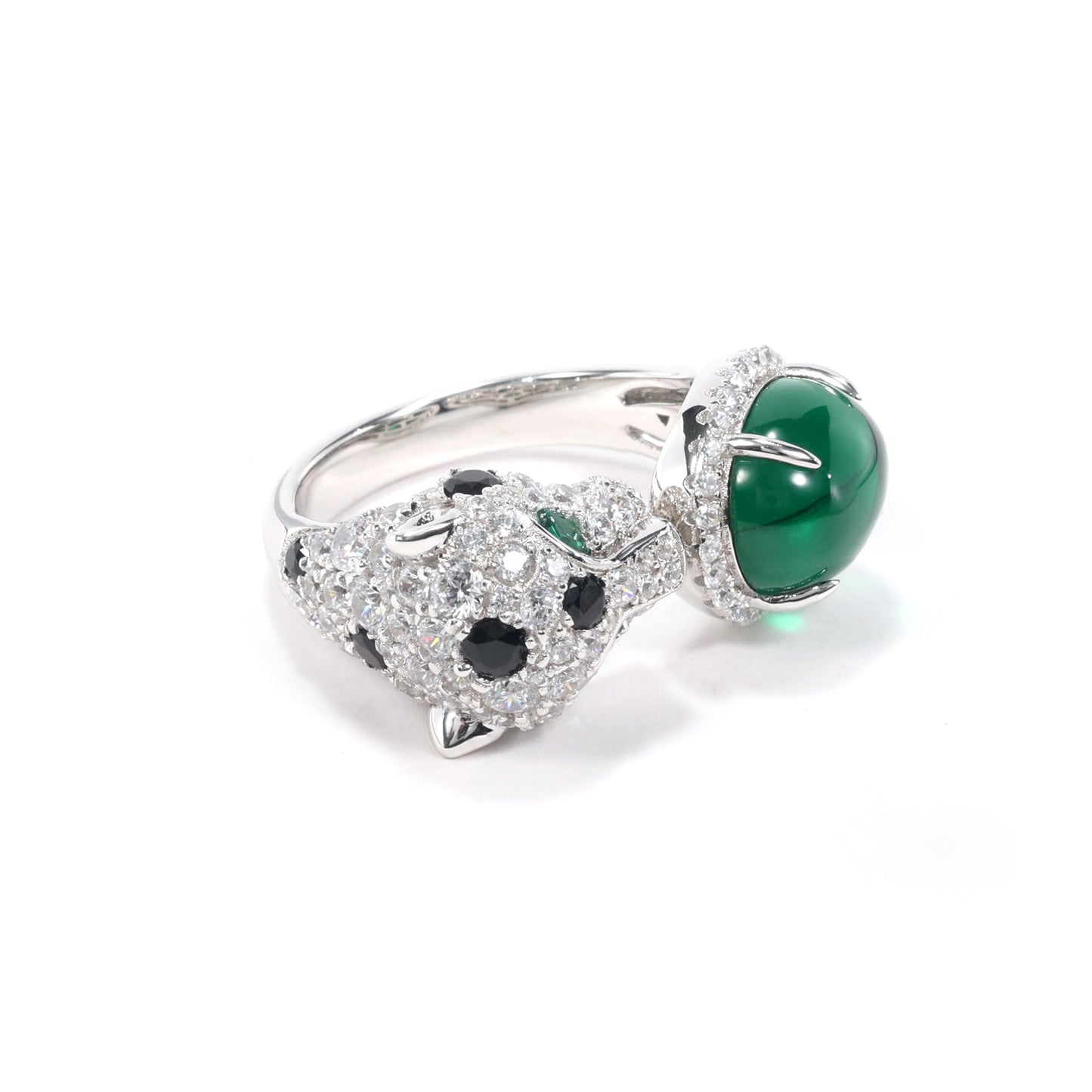 Jaguar selection, featuring stunning artificial emerald and Diamonds color Lab created stones open ring. sterling silver