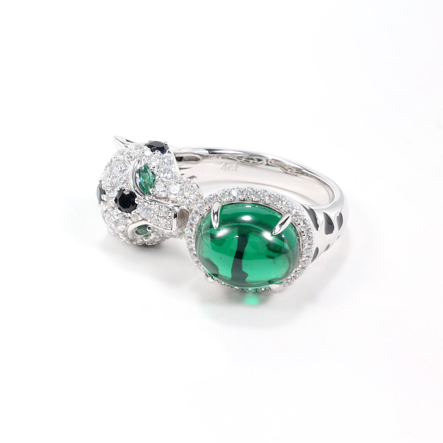 Jaguar selection, featuring stunning artificial emerald and Diamonds color Lab created stones open ring. sterling silver