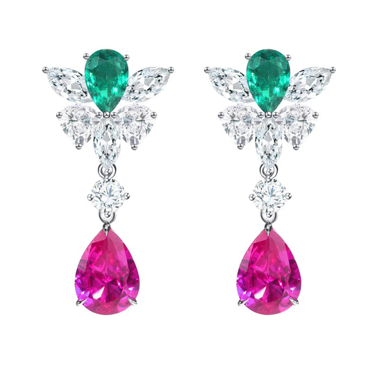 Micro-setting Jedi spinel and emerald color Lab created stones Romantic Drop earrings, sterling silver