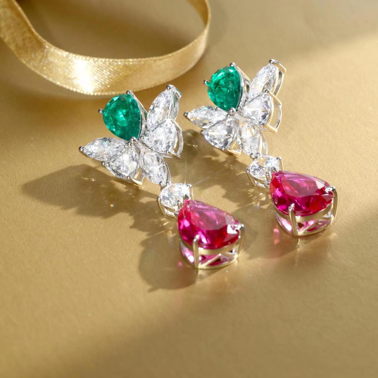 Micro-setting Jedi spinel and emerald color Lab created stones Romantic Drop earrings, sterling silver