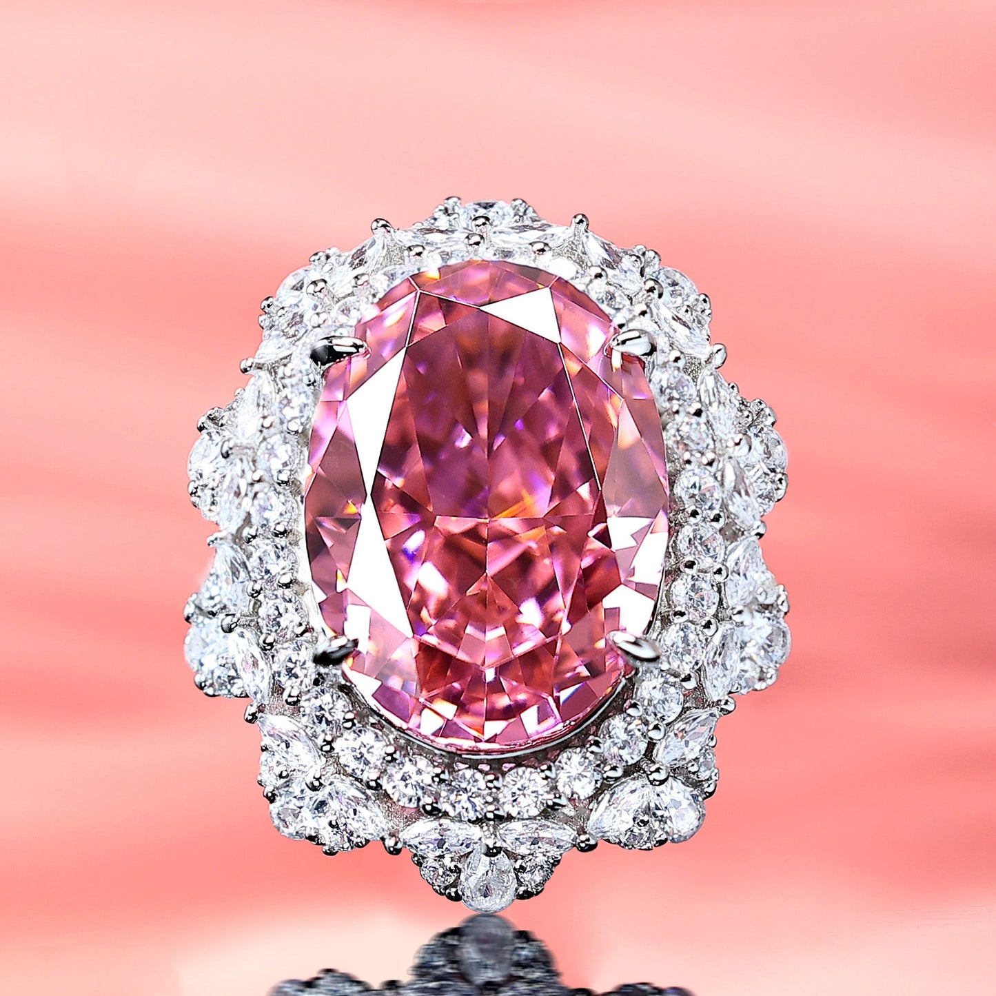 Dark pink diamond color lab created stones pigeon egg ring (30 carat)