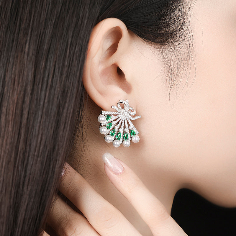 Micro-setting Emerald color lab created stones Snow flower and the secret fan earrings, sterling silver