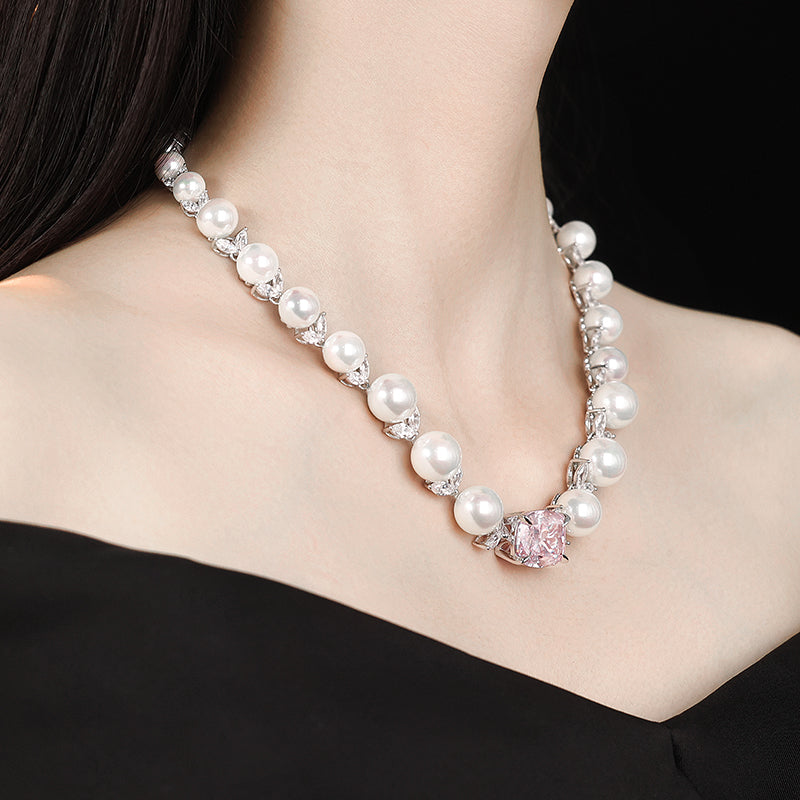 Micro-setting Pink diamond color Lab created stones Romantic Luxury White Shell Pearl necklace, sterling silver