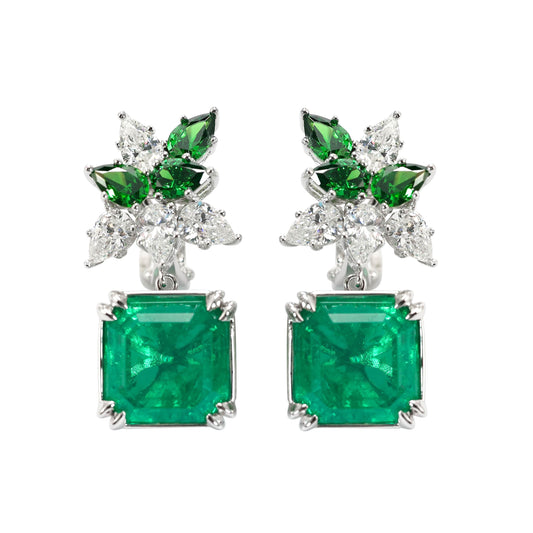 Micro-setting emerald color Lab created stones Artistic fantasy earrings, sterling silver