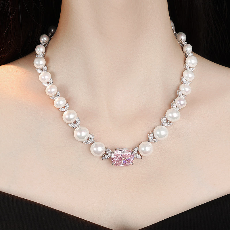 Micro-setting Pink diamond color Lab created stones Romantic Luxury White Shell Pearl necklace, sterling silver