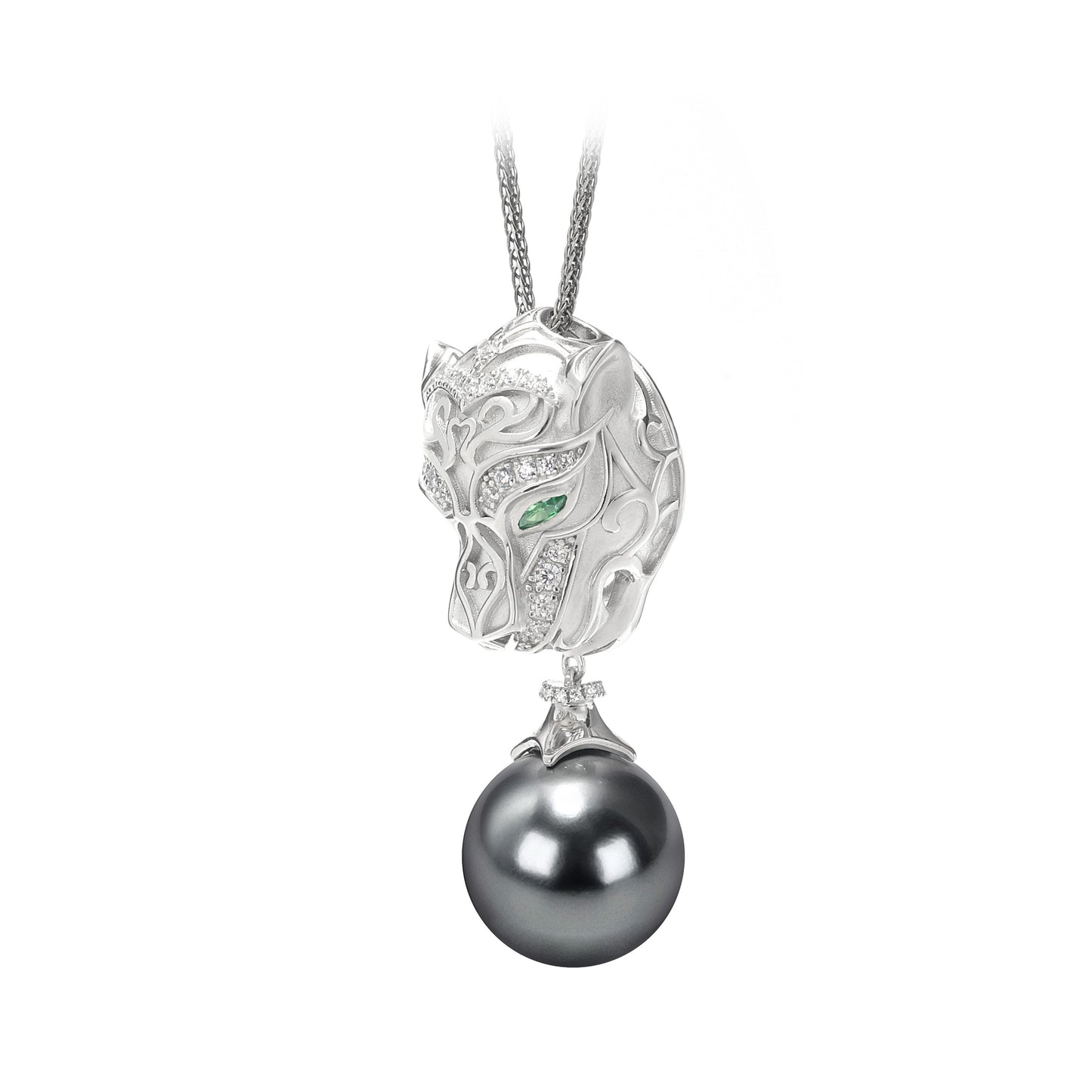 Micro-setting Lab created stones and grey shell pearl the Silver moon leopard necklace, sterling silver