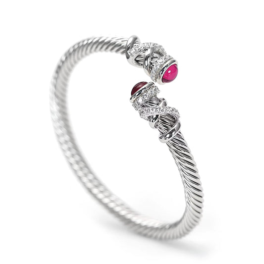 Micro-setting ruby color Lab created stones Modern bangle, sterling silver