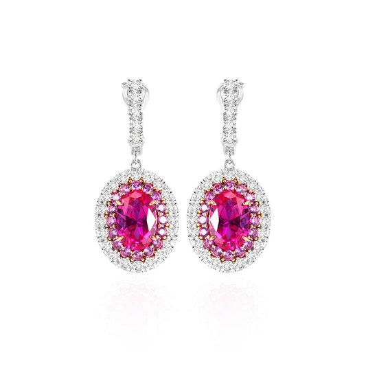 Micro-setting dark oval Pink diamond color Lab created stones Romantic Luxury dangle plug earrings, sterling silver