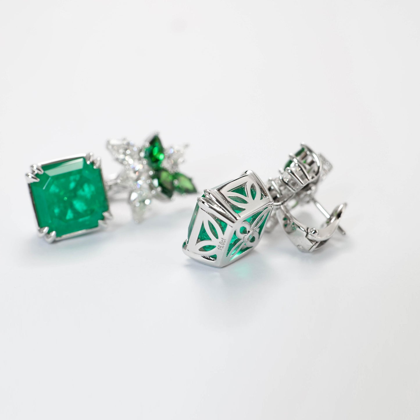 Micro-setting emerald color Lab created stones Artistic fantasy earrings, sterling silver