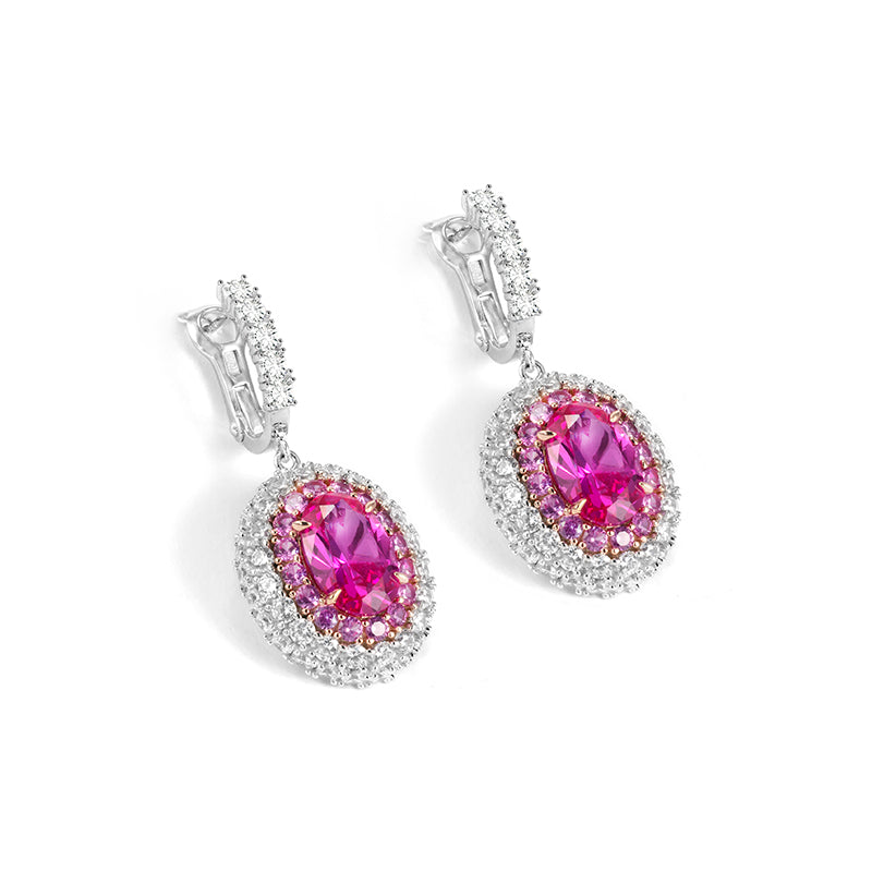 Micro-setting dark oval Pink diamond color Lab created stones Romantic Luxury dangle plug earrings, sterling silver