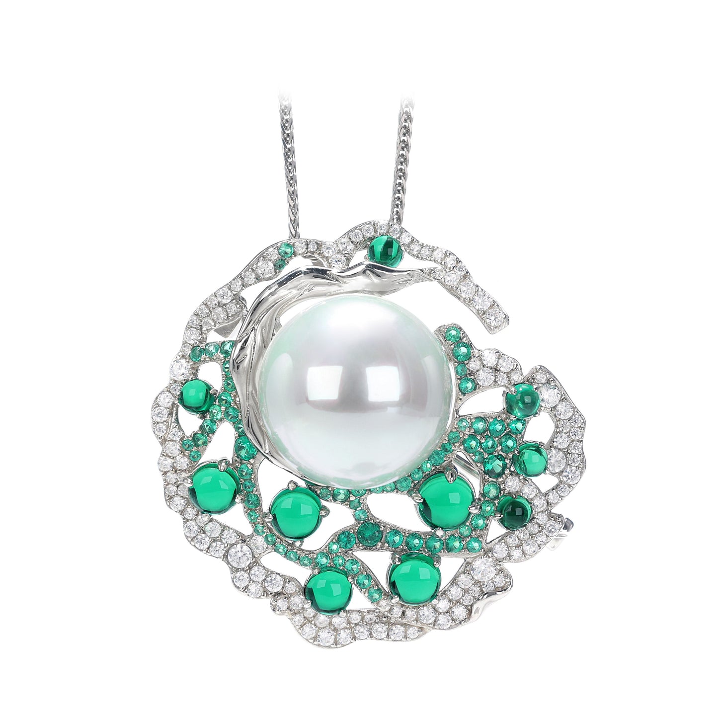 Micro-setting emerald color Lab created stones the Shining shell pearl multi-purpose brooch and pendant, sterling silver