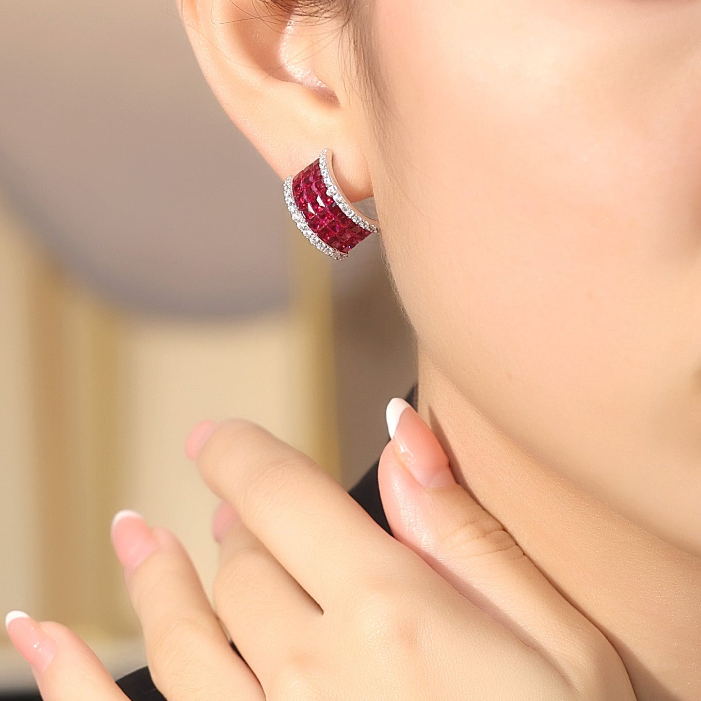 Special offer Wide Micro-setting Ruby color lab created stones invisible set earrings, sterling silver