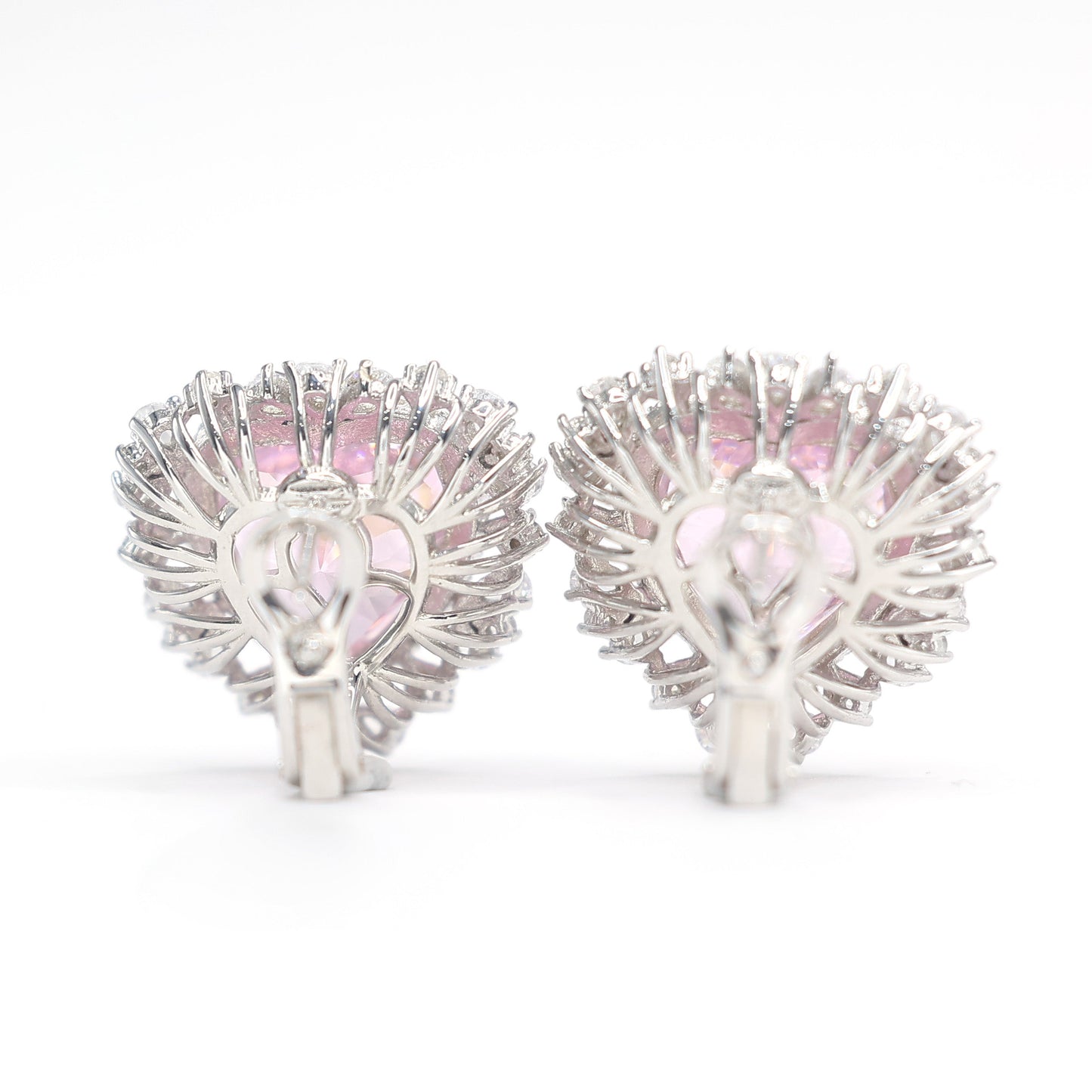 Micro-setting Pink diamond color Lab created stones fancy fully studded heart earrings, sterling silver