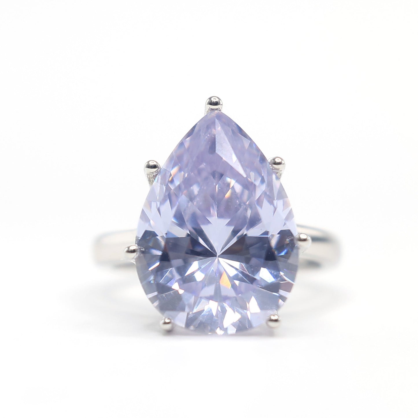 Micro-setting waterdrop firework-cut very light violet ring, sterling silver. (15 carat)