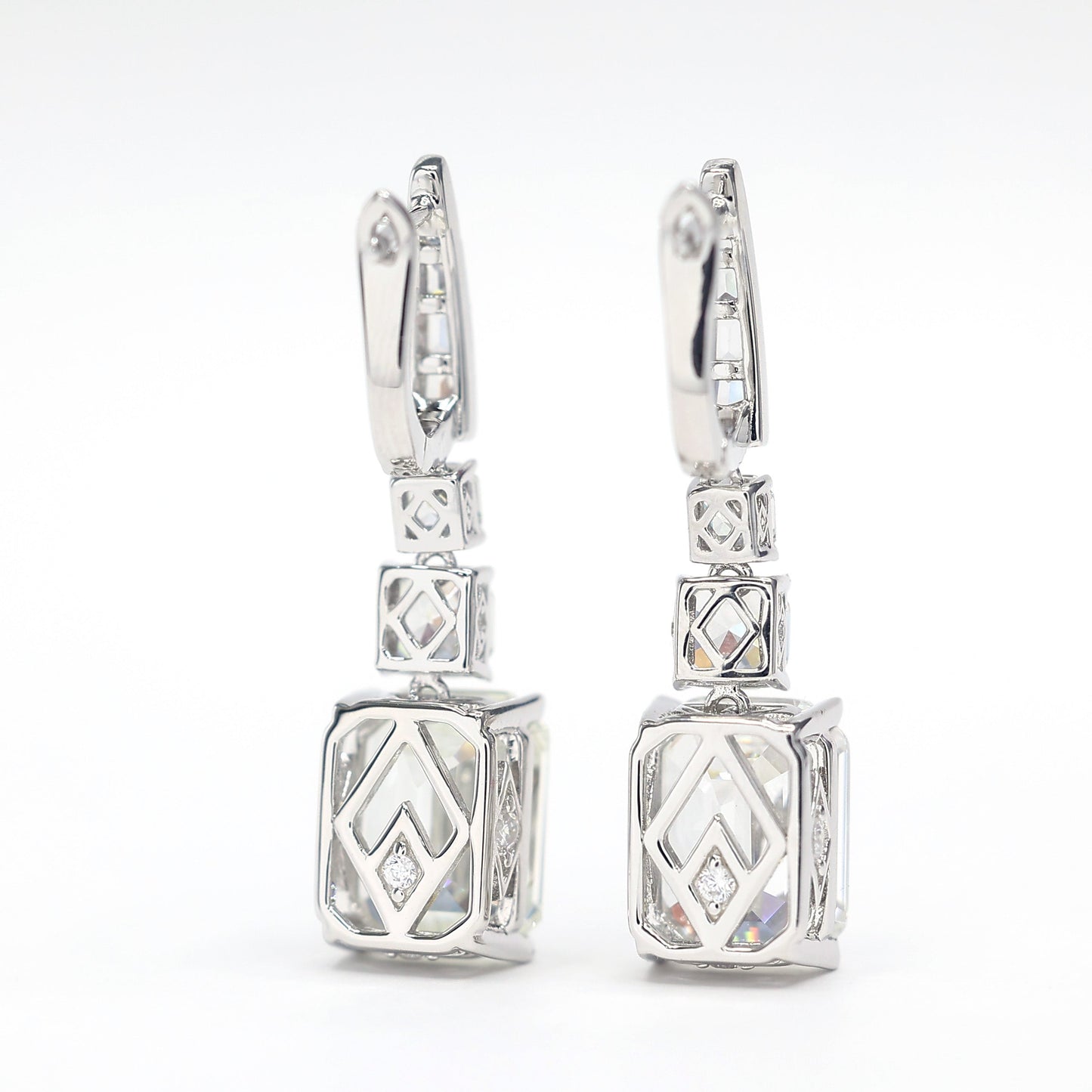 Micro-setting Emerald-cut lab created stones 3 main stones earrings, sterling silver