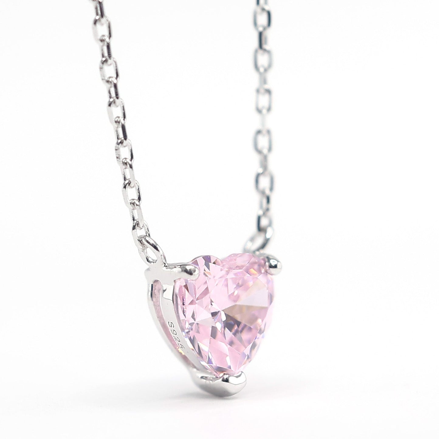 Micro-setting Pink diamond color small heart shape necklace, sterling silver