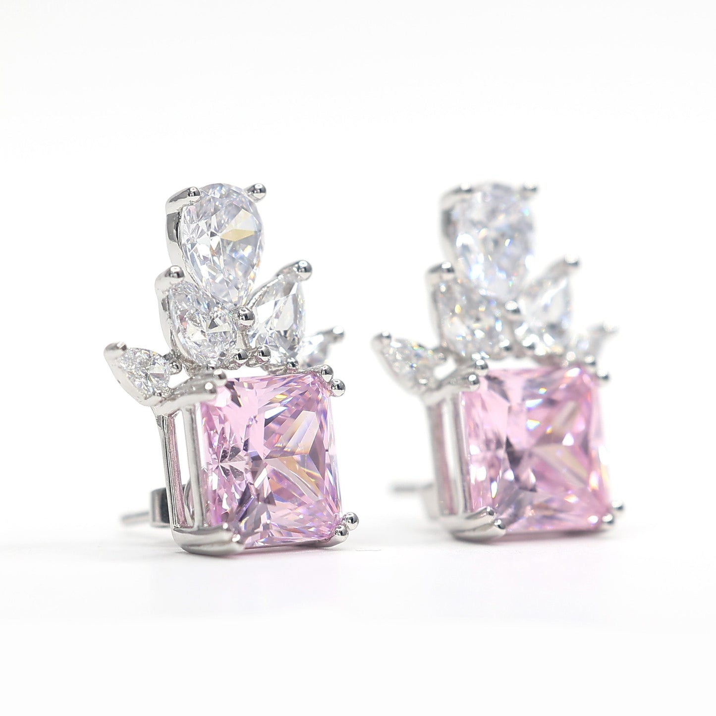 Micro-setting Pink diamond color Lab created stones crown earrings, sterling silver