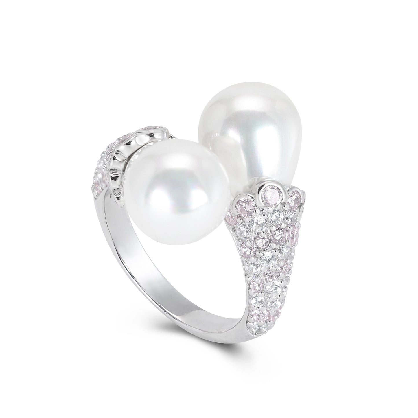 Promotion design Micro-setting Lab created stones Unique detailed Shell pearl ring, sterling silver