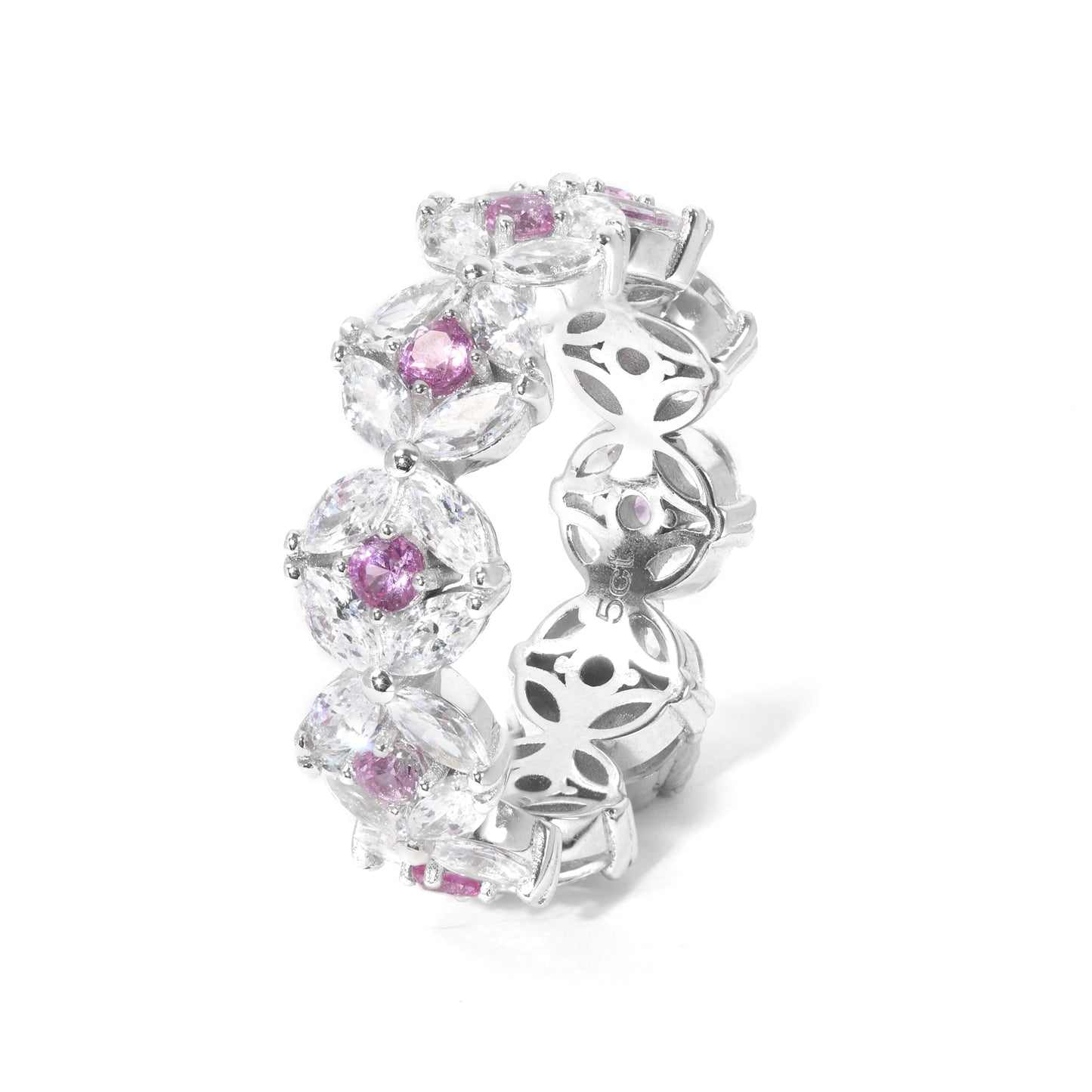 Wedding collection: Micro-setting pink and clear diamond color Lab created stones eternity band ring, sterling silver