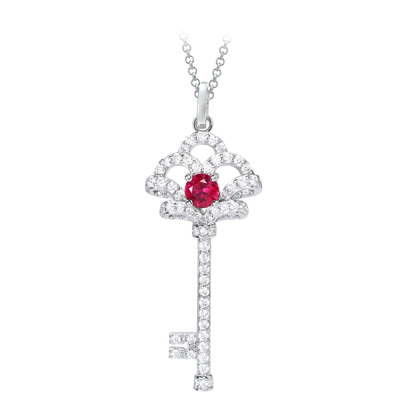 Promotion design Micro-setting pink diamond and ruby color mixed cutting Lab created stones 2 in 1 multi-purpose key and lock necklace, sterling silver