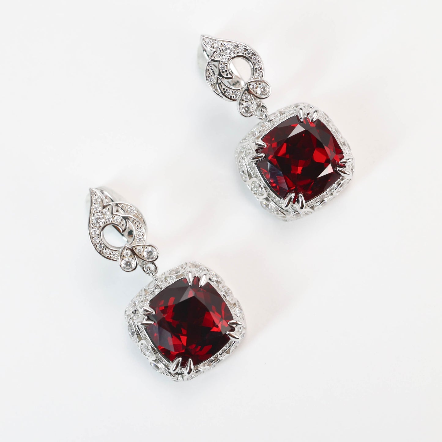 Micro-setting Ruby color Square shape Birds paying homage to the phoenix earrings, sterling silver