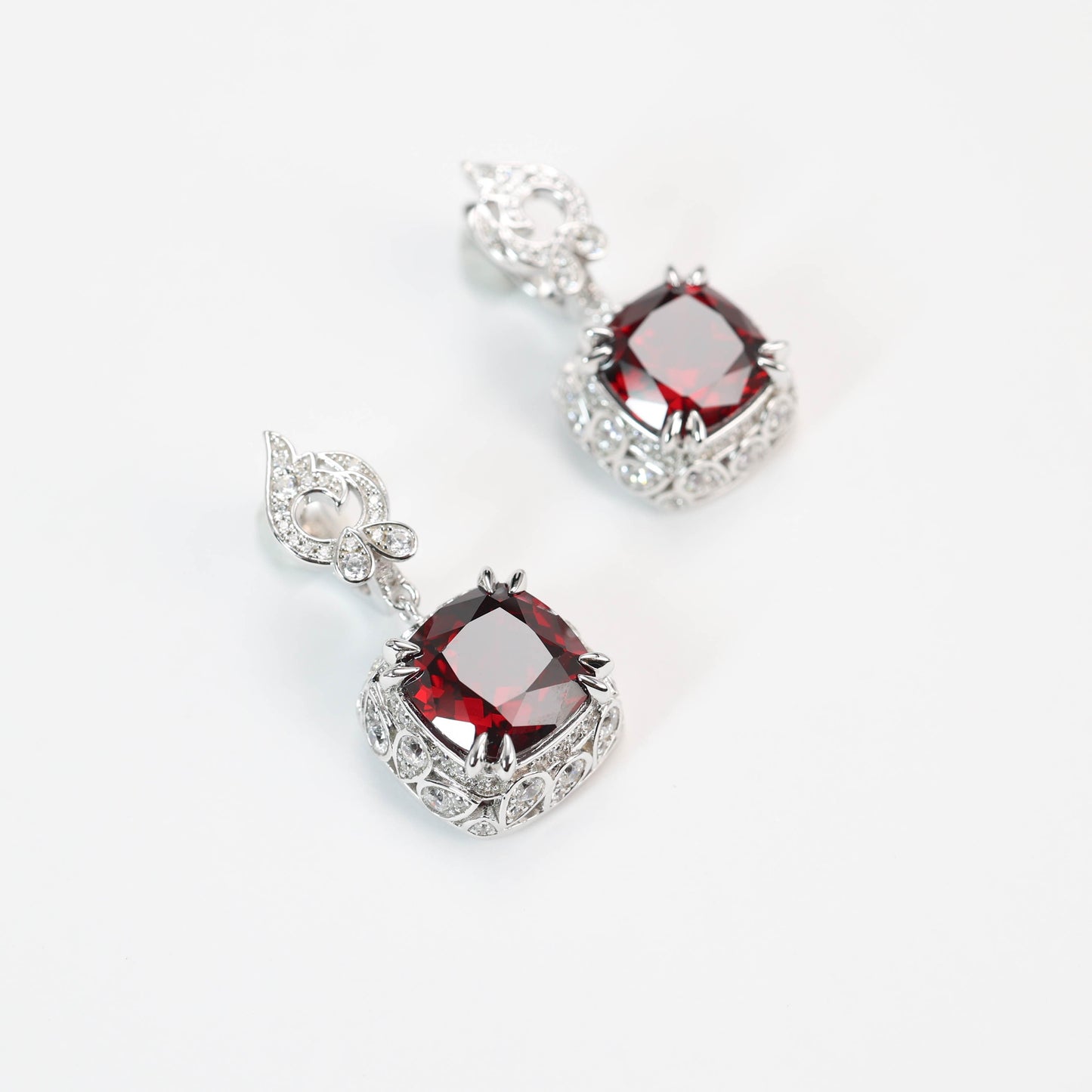 Micro-setting Ruby color Square shape Birds paying homage to the phoenix earrings, sterling silver