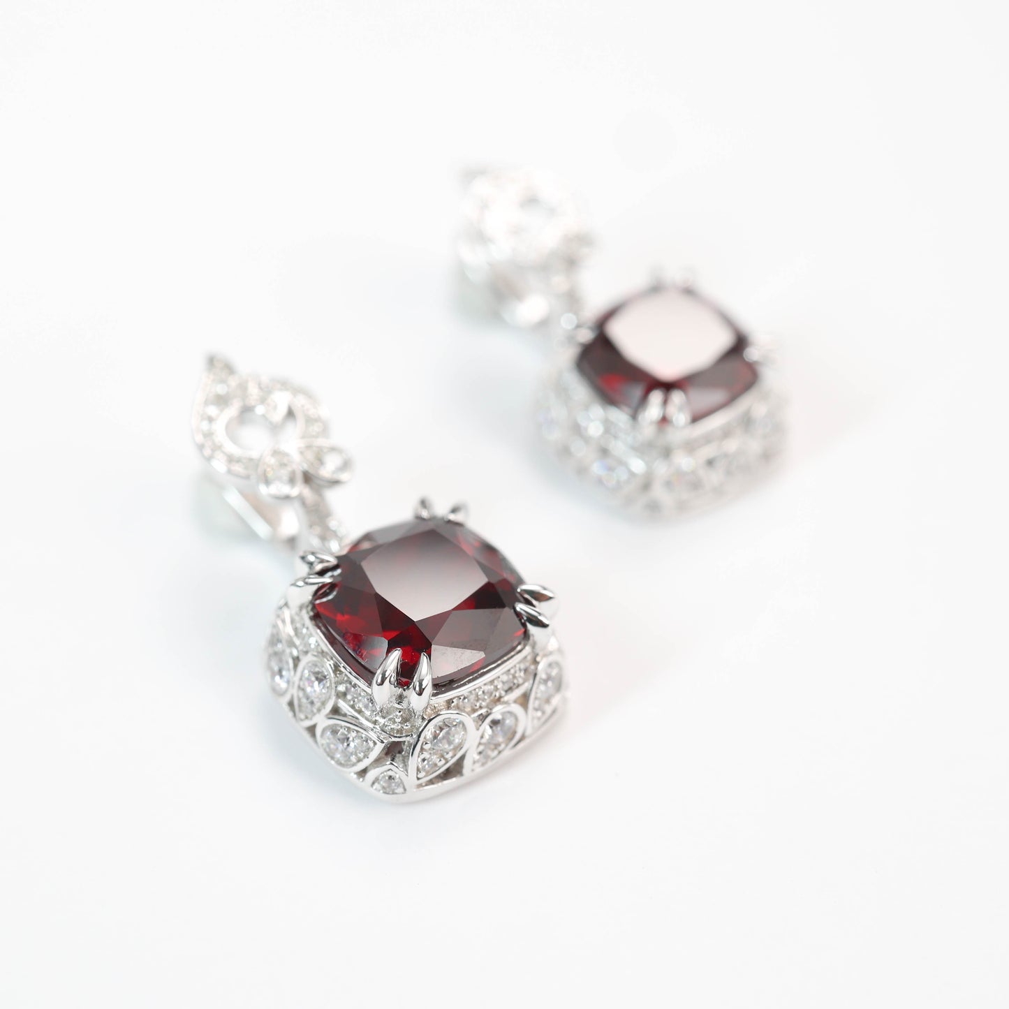 Micro-setting Ruby color Square shape Birds paying homage to the phoenix earrings, sterling silver