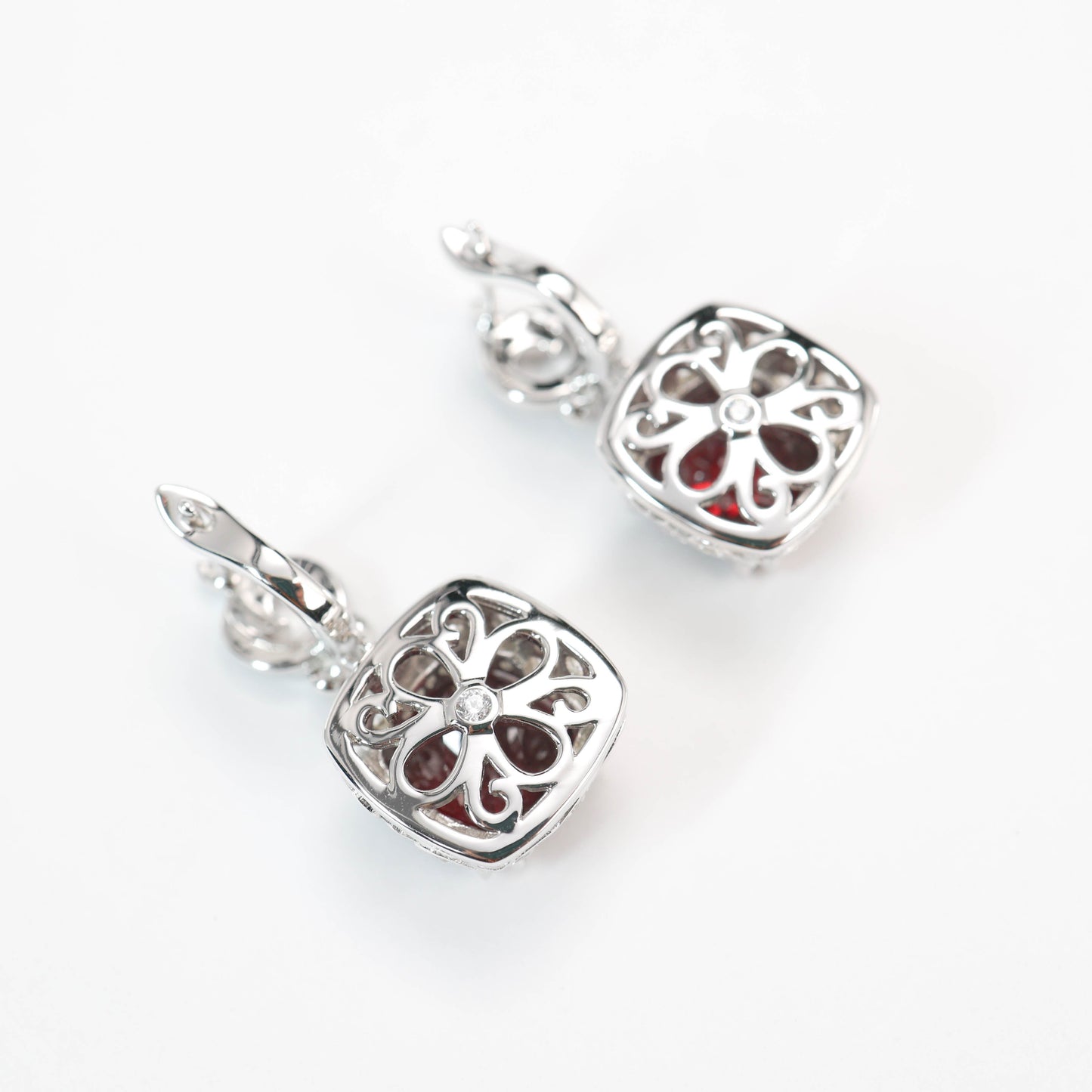 Micro-setting Ruby color Square shape Birds paying homage to the phoenix earrings, sterling silver