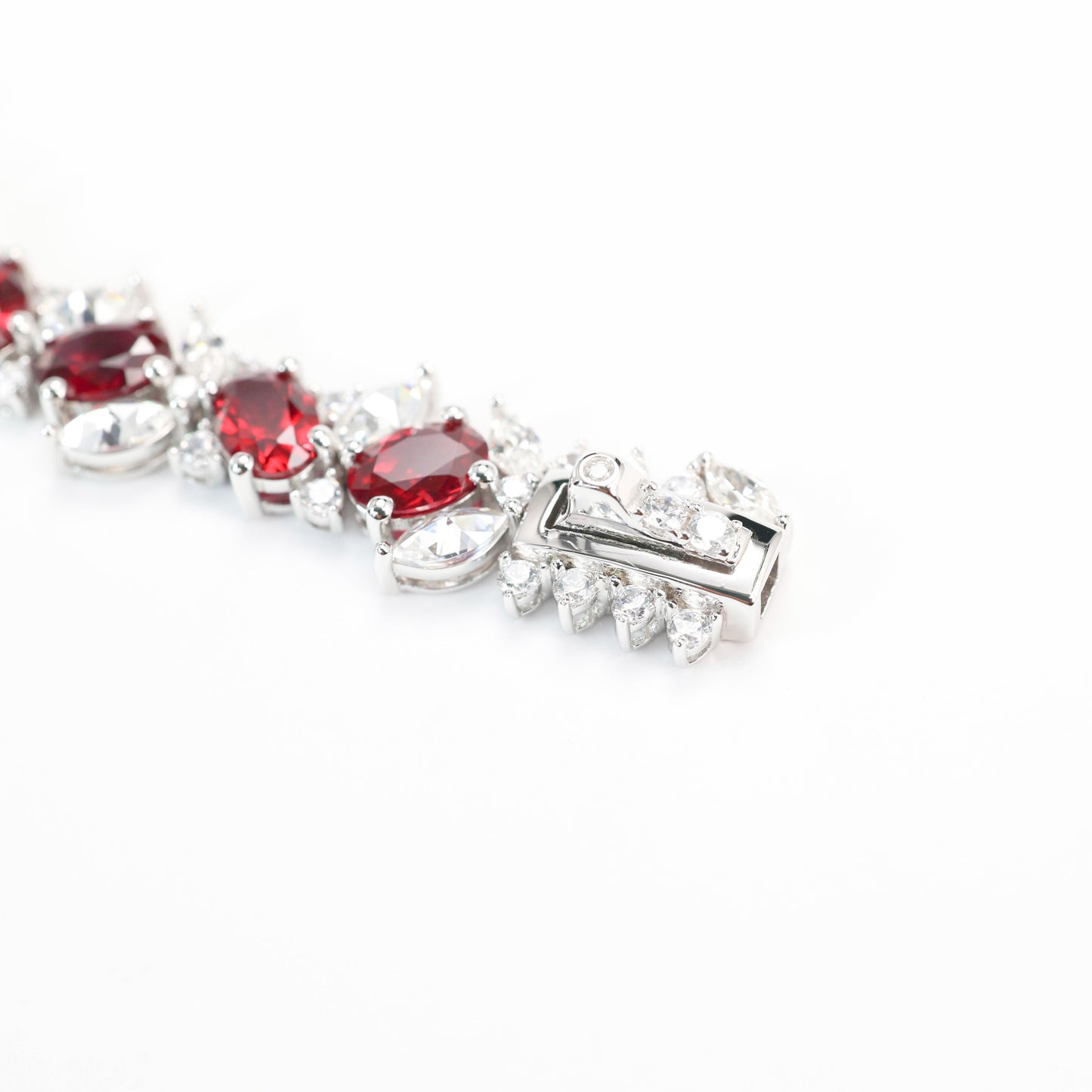 Micro-setting Ruby color Lab created stones Oval shape fully studded lace bracelet, sterling silver