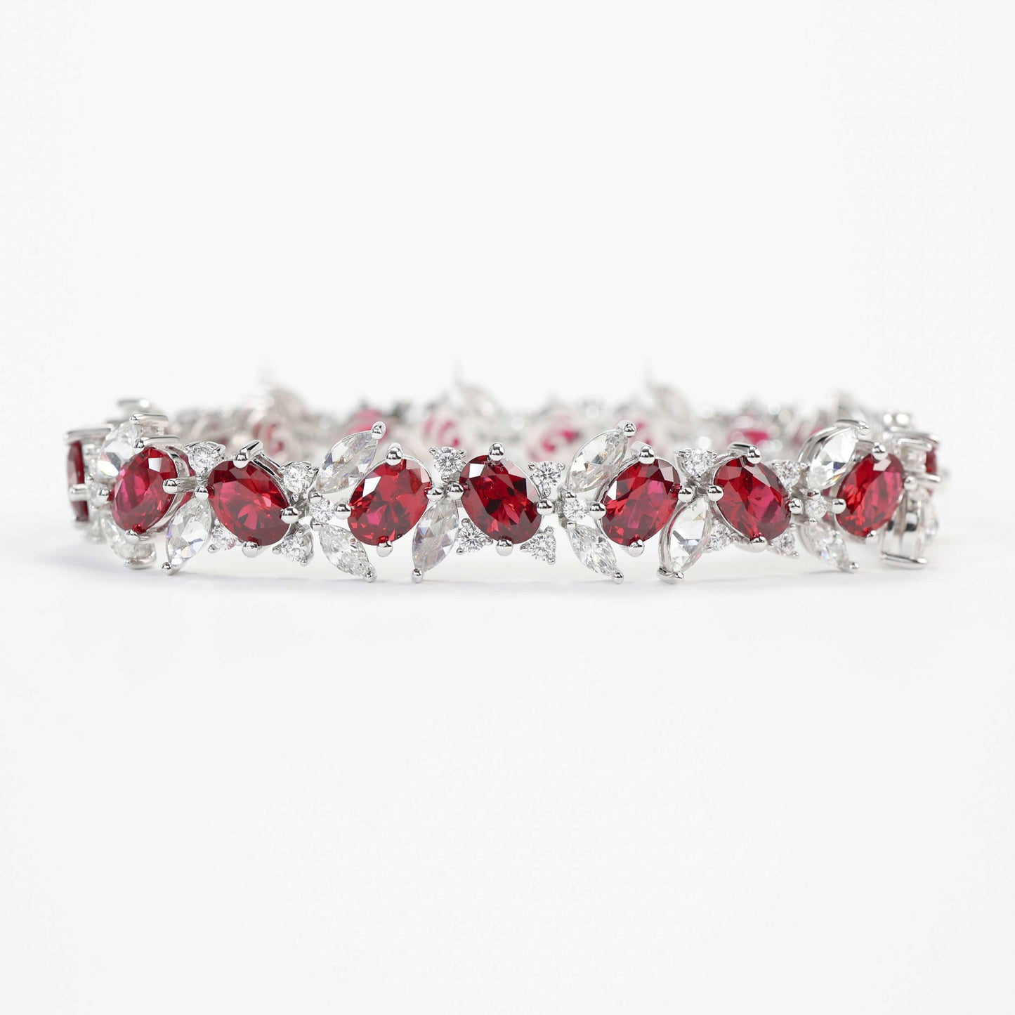 Micro-setting Ruby color Lab created stones Oval shape fully studded lace bracelet, sterling silver