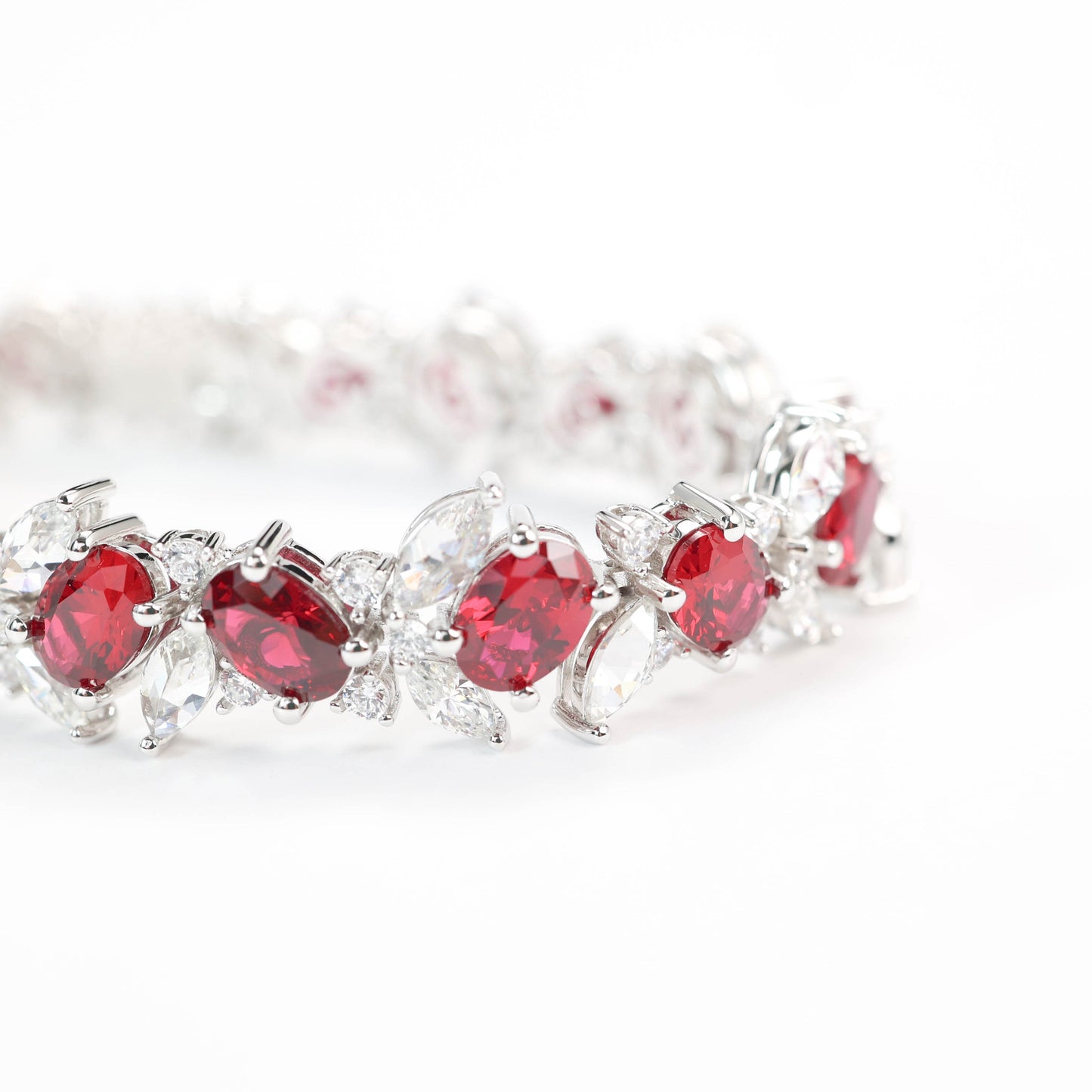 Micro-setting Ruby color Lab created stones Oval shape fully studded lace bracelet, sterling silver