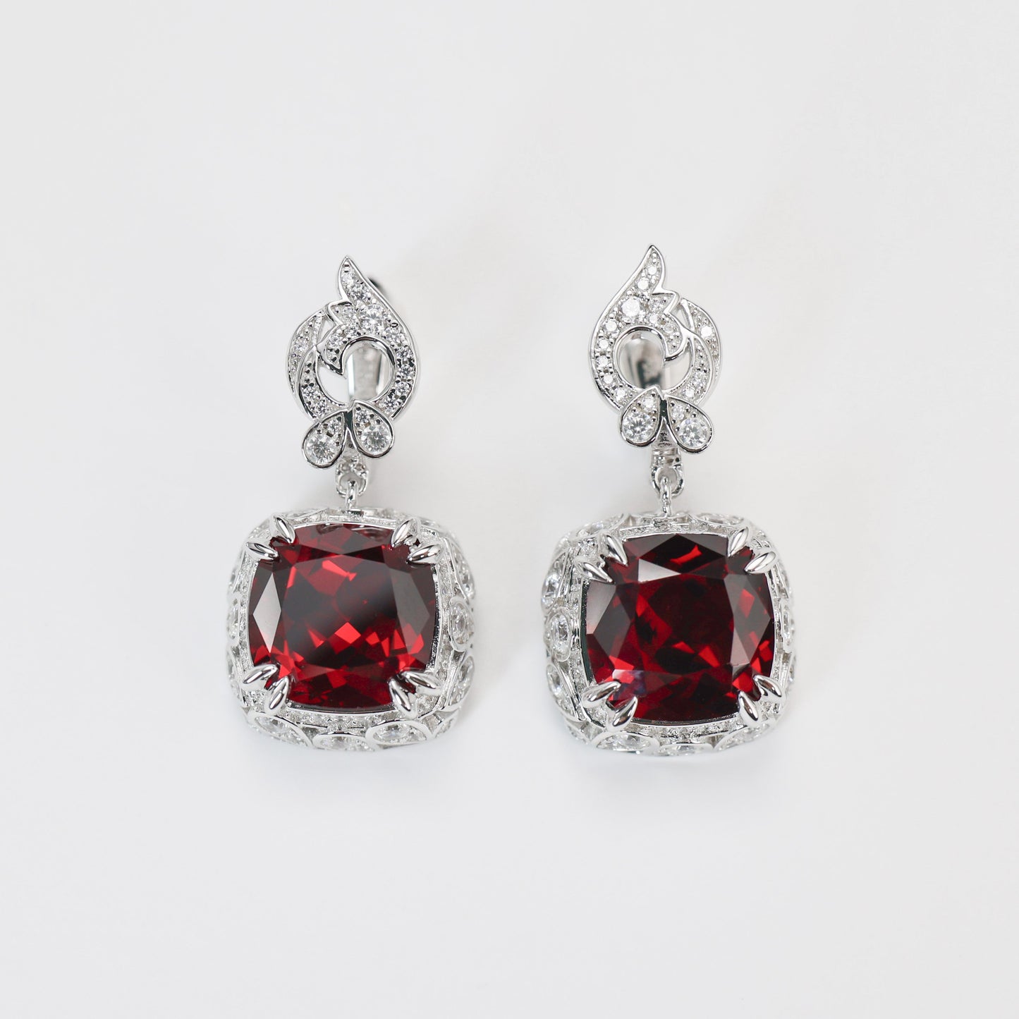 Micro-setting Ruby color Square shape Birds paying homage to the phoenix earrings, sterling silver