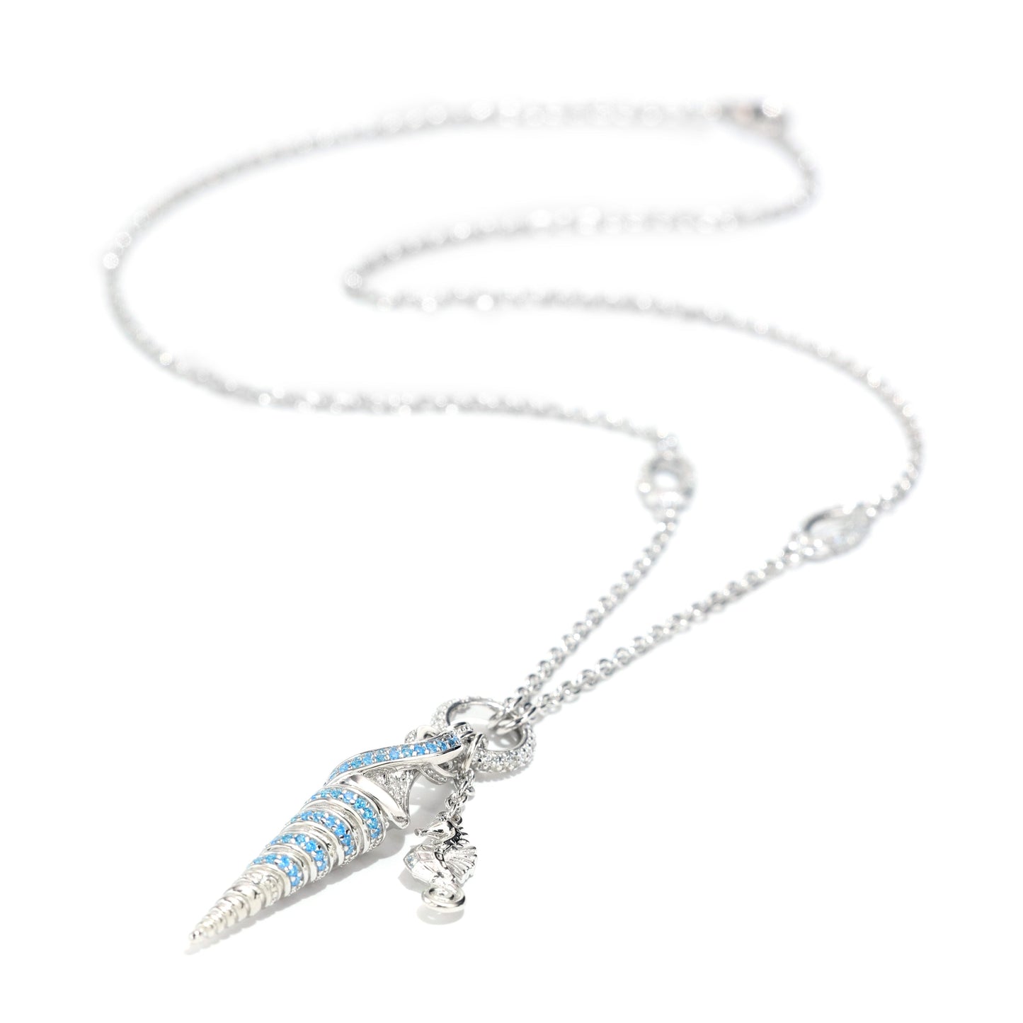 Micro-setting Lab created stones designer piece The Sea snail and Seahorse necklace, sterling silver