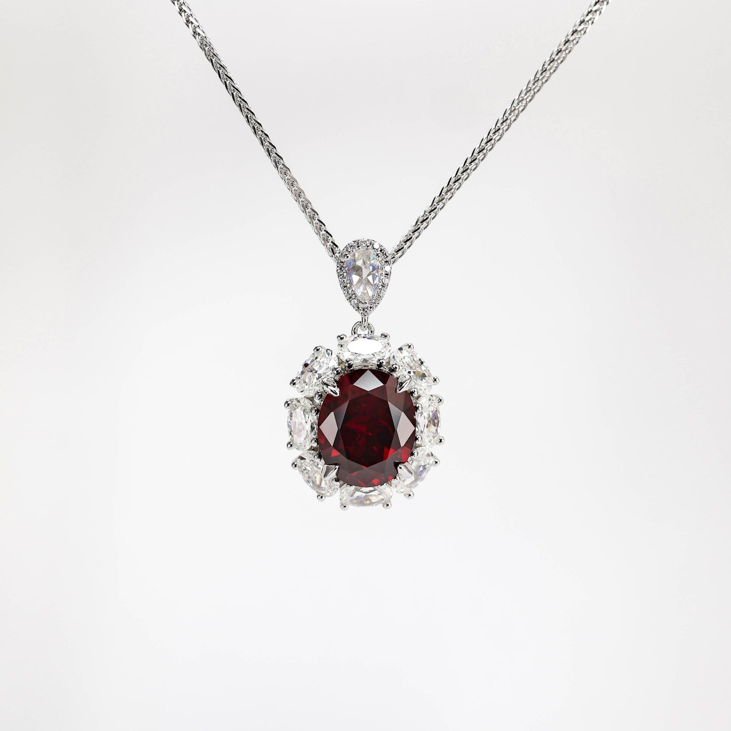 Micro-setting Ruby color Lab created stones Diana necklace, sterling silver