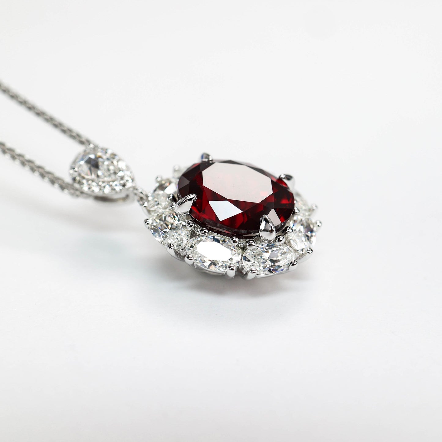 Micro-setting Ruby color Lab created stones Diana necklace, sterling silver