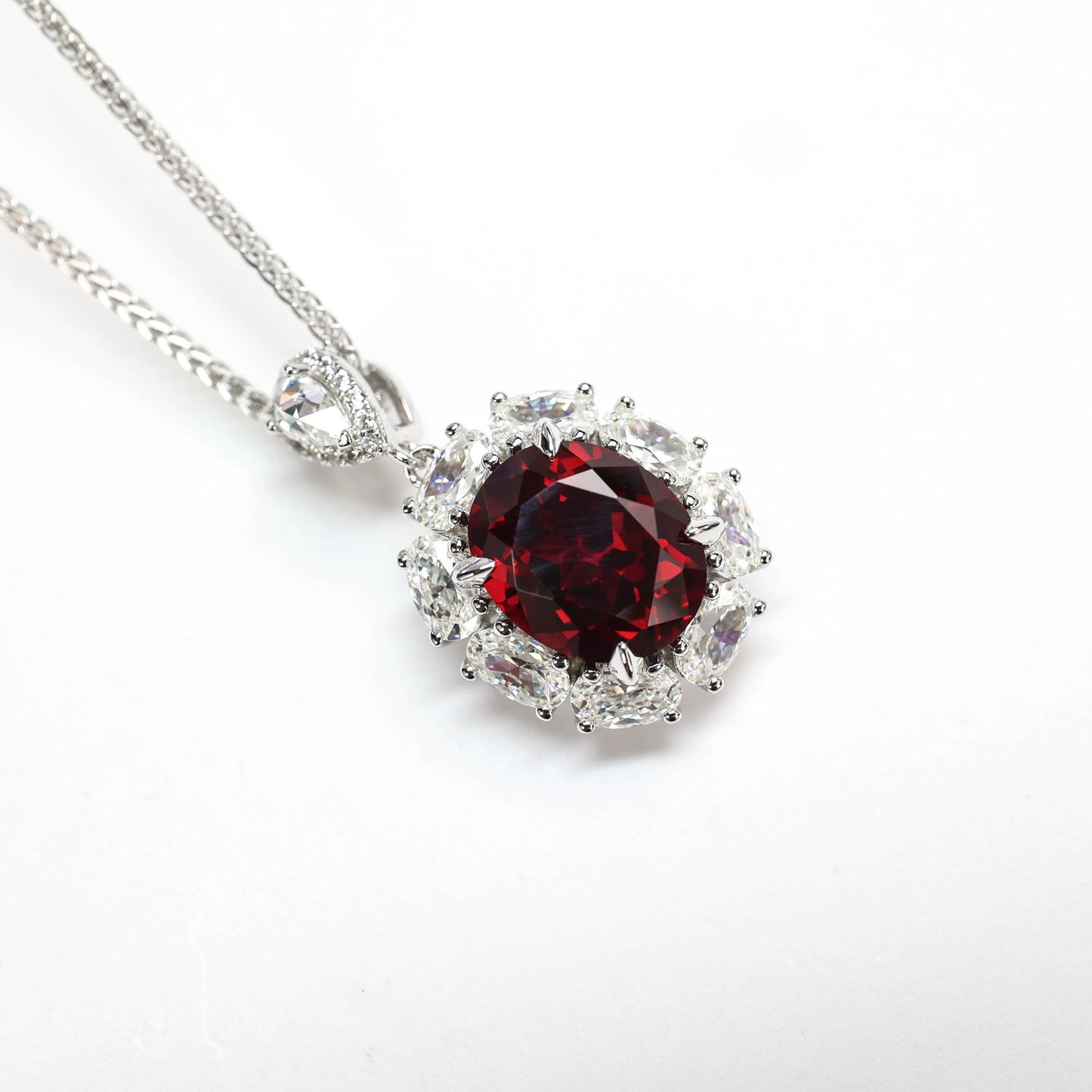 Micro-setting Ruby color Lab created stones Diana necklace, sterling silver