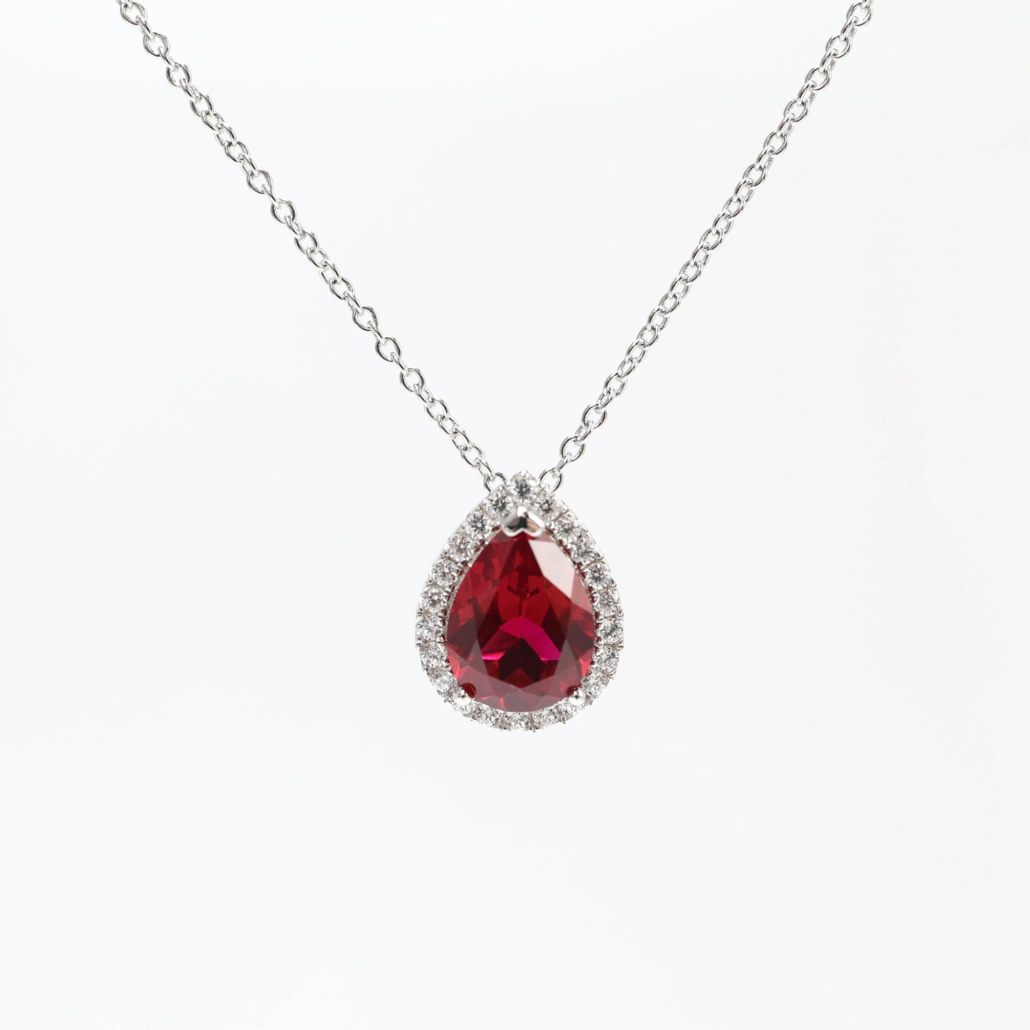 Micro-setting Ruby color waterdrop shape necklace, sterling silver