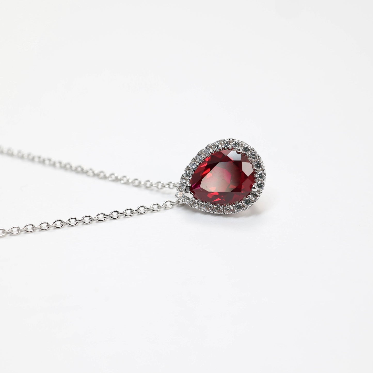 Micro-setting Ruby color waterdrop shape necklace, sterling silver