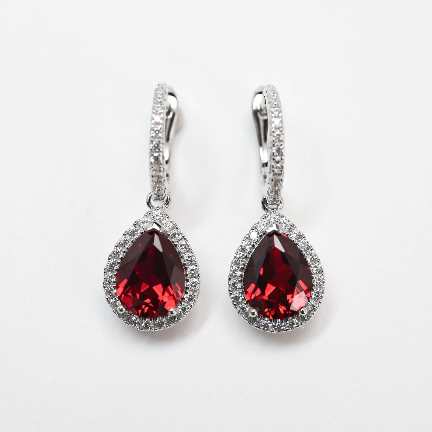 Micro-setting Ruby color waterdrop shape earrings, sterling silver