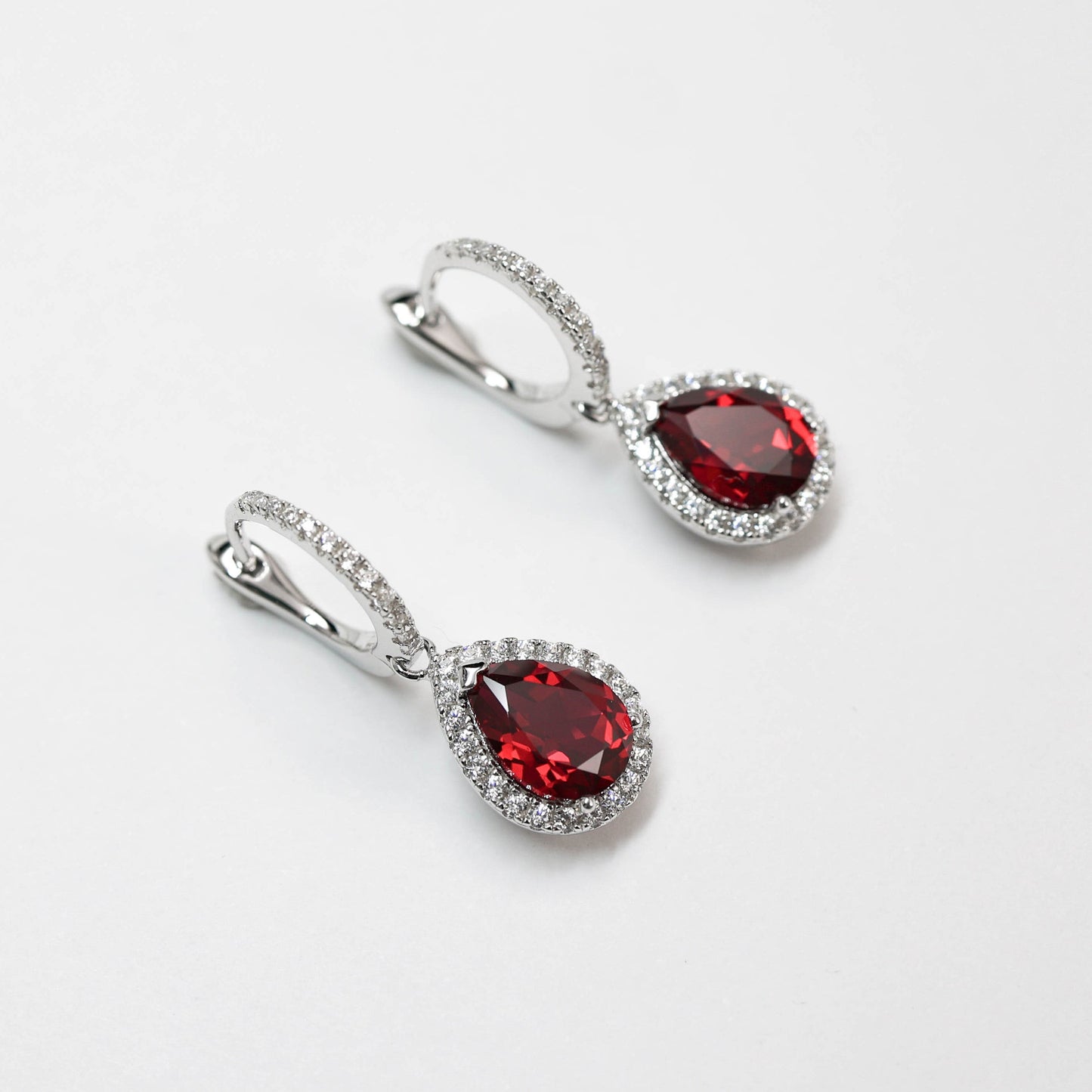 Micro-setting Ruby color waterdrop shape earrings, sterling silver