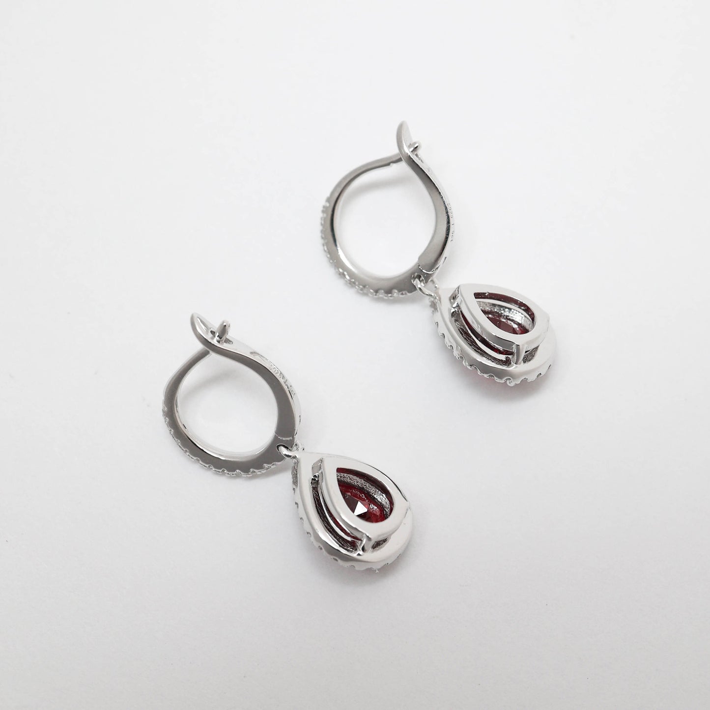 Micro-setting Ruby color waterdrop shape earrings, sterling silver