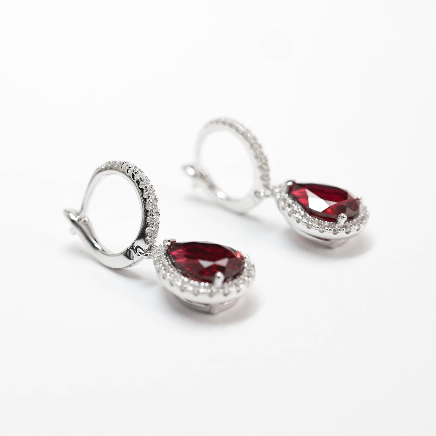 Micro-setting Ruby color waterdrop shape earrings, sterling silver