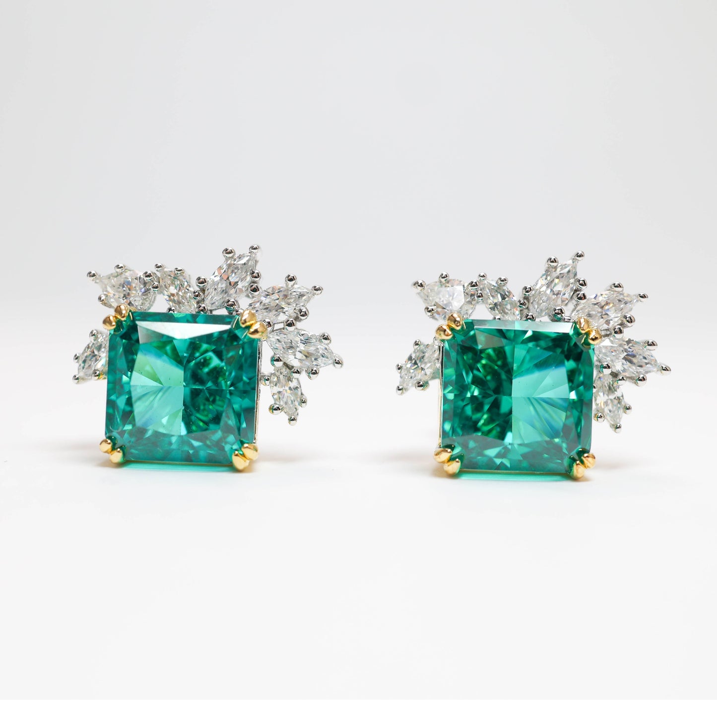 Micro-setting Square apple green color half flower double platting earrings, sterling silver